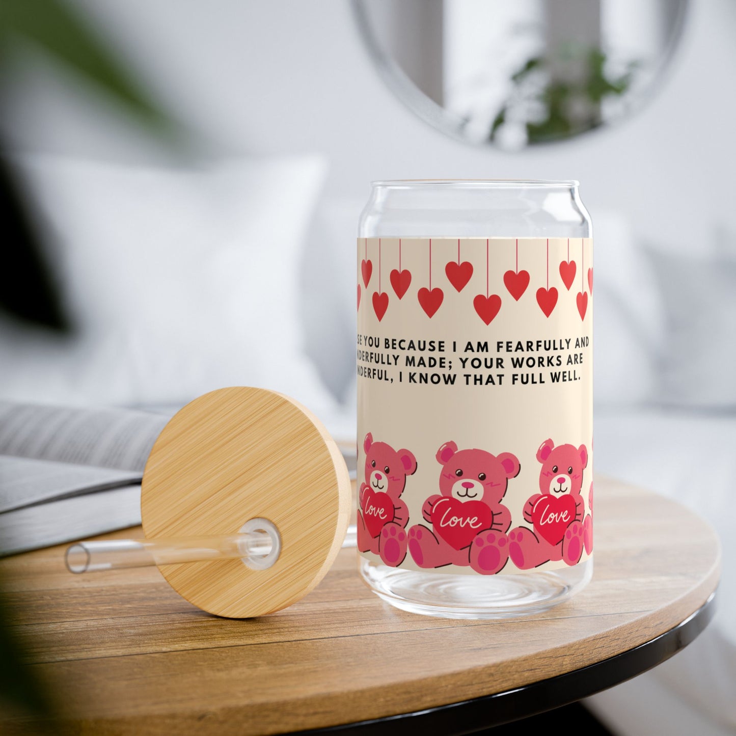 Adorable Bear Sipper Glass, 16oz -Bible verse, cute gift for loved one